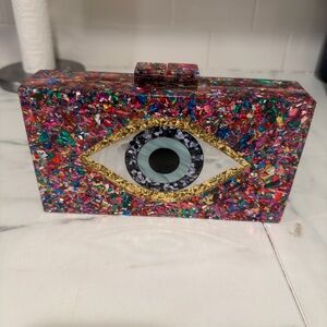 Colorful Eye Design Clutch Bag & Gold Chain strap